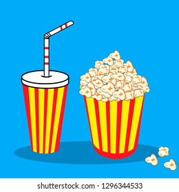  popcorn bucket box and cola,soda icon isolated on blue background. vector iluustration
