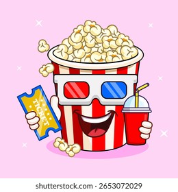 Design de personagem de balde pipoca com óculos 3D, ingresso de filme e desenho animado de ilustração de vetor de bebida