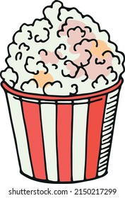 Popcorn bucket color doodle. Cinema snack icon
