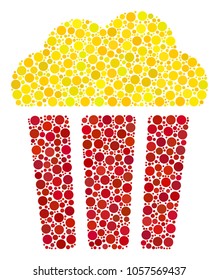 Popcorn Bucket composition of circle dots in variable sizes and color shades. Dots are composed into popcorn bucket vector illustration. Vector design concept.