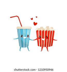 Popcorn bucket and cup of soda drink are friends forever, fast food menu funny cartoon characters vector Illustration on a white background