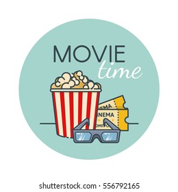 Popcorn bucket, film ticket and 3d glasses. Cinema snack. Outline flat style.