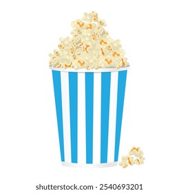 Popcorn bucket full of popcorn in blue and white paper container on white background. Popcorn tub vector. Paper bag full of popcorn. Cinema, Movie concept element design.