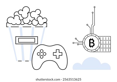 Popcorn bucket, gaming controller and Bitcoin symbol on a connected chip with cloud. Ideal for technology entertainment gaming cryptocurrency digital art vector style