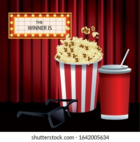 popcorn bucket with glasses and soda cup over red theater curtains background, colorful design, vector illustration