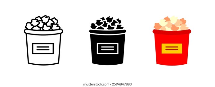 Popcorn bucket icon. Movie snack symbol. Cinema food vector illustration. Entertainment treat pictogram. Classic buttery and caramelized popcorn for film lovers.