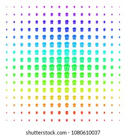 Popcorn Bucket icon rainbow colored halftone pattern. Vector popcorn bucket items organized into halftone grid with vertical rainbow colors gradient. Designed for backgrounds,