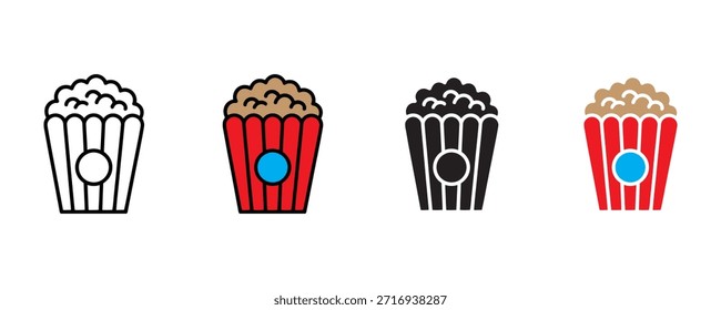Icono del cubo de las palomitas de maíz fijado Vector sobre fondo blanco. Ilustración vectorial.