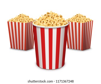 Popcorn bucket isolated. Full and empty pop corn box for cinema. Delicious salty snack food.