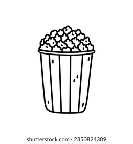 Popcorn bucket isolated on white background. Vector hand-drawn illustration in doodle style. Perfect for cards, decorations, logo, menu, various designs.
