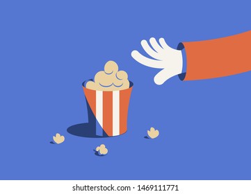 Popcorn bucket. Men in a red jacket takes popcorn. Movie food. Vintage flat vector illustration