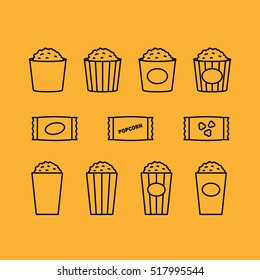 Popcorn bucket minimalistic flat line stroke vector set
