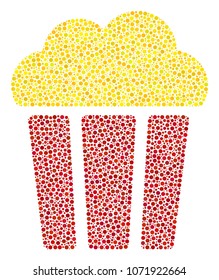 Popcorn Bucket mosaic of circle dots in various sizes and color hues. Small circles are combined into popcorn bucket vector illustration. Dotted vector illustration.
