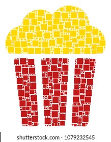 Popcorn Bucket mosaic icon of square figures and round items in different sizes. Vector objects are scattered into popcorn bucket collage design concept.