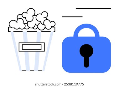 Popcorn bucket next to a blue padlock. Ideal for entertainment, security, digital privacy, movie nights, and data protection. Minimalist style illustration with a playful touch