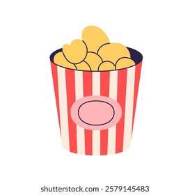 Popcorn in bucket. Pop-corn in paper box, icon. Classic movie, cinema snack, crunchy fast food in package. Film treat, junkfood eating. Flat vector illustration isolated on white background