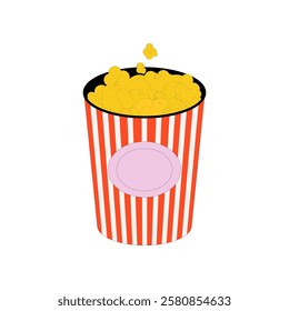 Popcorn in bucket. Pop-corn in paper box, icon. Classic movie, cinema snack, crunchy fast food in package. Junkfood eating. Flat vector illustration isolated on white background