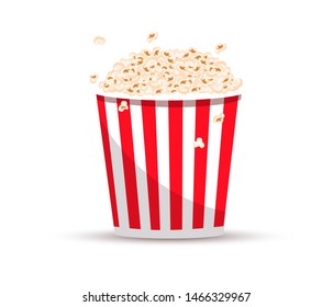 Popcorn bucket. Realistic illustration. Big portion popcorn. Cardboard or paper bucket. Cinema snack or movie food. Popcorn