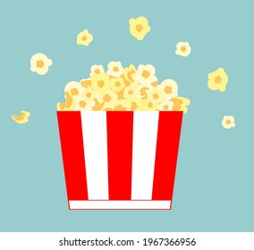 Popcorn bucket. Realistic illustration. Big portion popcorn. Cardboard or paper bucket. Cinema snack or movie food. Popcorn icon