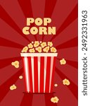 Popcorn bucket, realistic pop corn container. White and red bucket with flying out snack seeds. Striped paper box with popcorn. Vector illustration