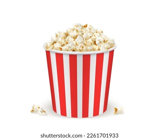 Popcorn bucket, realistic pop corn container. Isolated 3d vector mock up of white and red striped bucket with snack seeds scatter around. Paper box with popcorn for cinema or movie theater