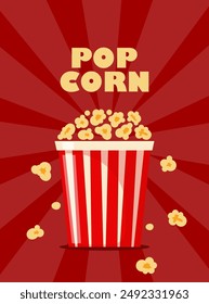 Popcorn bucket, realistic pop corn container. White and red bucket with flying out snack seeds. Striped paper box with popcorn. Vector illustration