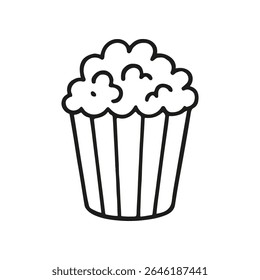 Popcorn in a bucket is shown in a simple line drawing. It's a basic black and white design, made to look like a hand drawn sketch