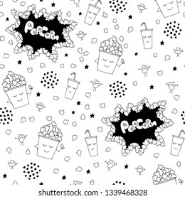 Popcorn in bucket and soda characters having fun. Seamless pattern, lettering. Hand drawn vector black and white illustration. Cartoon doodle. Background, wallpaper. Colouring page. 