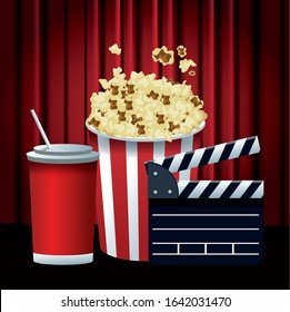 popcorn bucket with soda cup and clapboard over Red cinema curtains background, colorful design, vector illustration