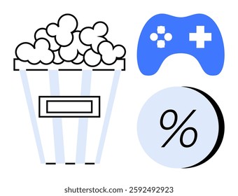 Popcorn bucket with stripes, blue game controller with cross and buttons, blue percentage symbol. Ideal for entertainment, gaming, discounts, sales, promotions, advertising, leisure activities. Line