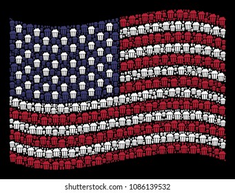 Popcorn bucket symbols are organized into waving USA flag stylization on a dark background. Vector concept of USA state flag is combined from popcorn bucket elements.