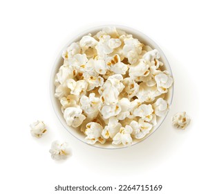 Popcorn bucket top view. Party or cinema salty snack, takeaway food sweet sweetcorn or 3d realistic vector fluffy dessert. Fast food meal crunchy popcorn bowl or plate top view