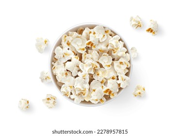 Popcorn bucket top view. Realistic 3d vector pop corn in paper bucket or cup with scattered flakes or kernels around. Sweet or salted caramel fast food for cinema movie, isolated tasty crunchy snack