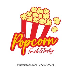 Insignia del icono del Vector del cubo de las palomitas de maíz, etiqueta del Vector del bocado de la película del maíz del pop. Los granos de palomitas de maíz amarillo se desbordan de una caja de rayas rojas y blancas. Ambiente de cine retro, publicidad de bocadillos de película de comida rápida