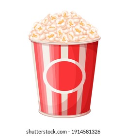 Popcorn bucket vector illustration. Big portion popcorn. Cardboard or paper bucket. Cinema snack or movie food. Popcorn