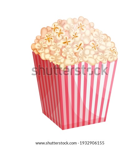 Popcorn bucket vector illustration. Big portion popcorn. Cardboard or paper bucket. Cinema snack or movie food. Popcorn