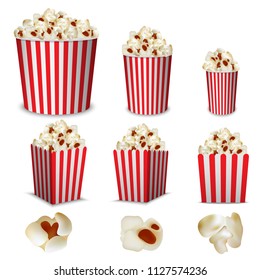 Popcorn buckets cinema box striped mockup set. Realistic illustration of 9 popcorn buckets cinema box striped mockups for web