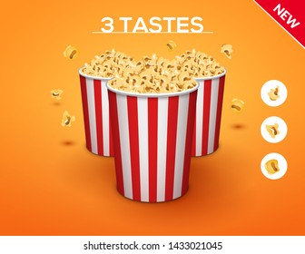 Popcorn buckets on orange gradient background. Pop corn boxes for cinema. Delicious salty snack food.