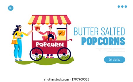 Popcorn butter salted or sweet landing page with woman buy tasty pop corn in street retro kiosk outdoors. Delicious popcorn takeaway service concept. Cartoon vector illustration
