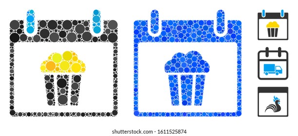 Popcorn calendar day composition of round dots in different sizes and color tones, based on popcorn calendar day icon. Vector round dots are grouped into blue composition.