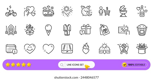 Popcorn, Calendar und Hold Heart Line Icons für Web App. Pack von Feuerwerk-Rakete, Käufer, Sonnenschutz Piktogramm-Symbole. Bademantel, Eiscreme, Rabatt Coupon Zeichen. Geheimgeschenk, Herz. Vektorgrafik