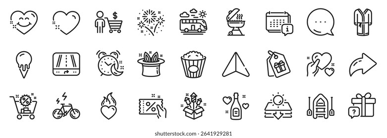 Popcorn, Calendar and Hold heart line icons pack. Share, Message, Paper plane icons. Fireworks rocket, Buyer, Sun protection web icon. Bathrobe, Ice cream, Discount coupon pictogram. Vector