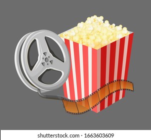 Popcorn and camera with recorded material for movies vector, filmmaking and watching films on weekends. Cinematography industry, bobbin and snack set