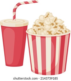 Popcorn und kohlensäurehaltiges Getränk. Ein großer Eimer Popcorn und ein Glas Soda. Schnelles Essen. Essen zum Kinoschauen. Vektorgrafik einzeln auf weißem Hintergrund Vektorgrafik