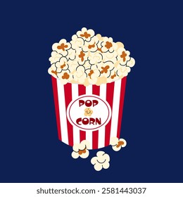 Popcorn in cardboard box. Bucket yummy popcorn. Corn snack for watching films. Cinema. Flat illustration on white background.