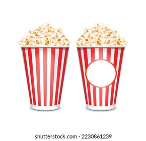 Popcorn in cardboard or paper buckets red and white striped isolated on a white background. Cinema snack or movie food. Realistic 3D Vector illustration.