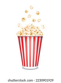 Popcorn in cardboard or paper buckets red and white striped isolated on a white background. Cinema snack or movie food. Realistic 3D Vector illustration.