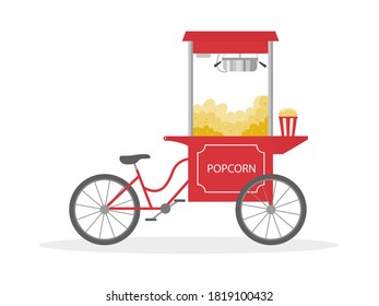 Popcorn cart bicycle, street food. Vector illustration.