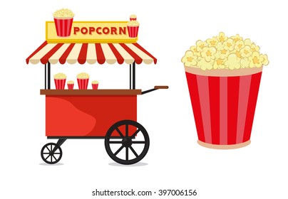 Popcorn Cart Carnival Store And Fun Festival Popcorn Cart. Popcorn Cartoon Cart Delicious Tasty Retro Car. Candy Corn Container Seller Cart. Popcorn Cart Snack Food Market Flat Vector Illustration. 