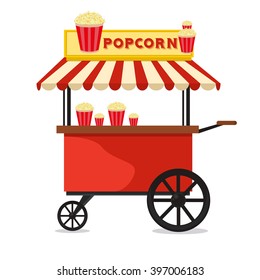 Popcorn cart carnival store and fun festival popcorn cart. Popcorn cartoon cart delicious tasty retro car. Candy corn container seller cart. Popcorn cart snack food market flat vector illustration. 